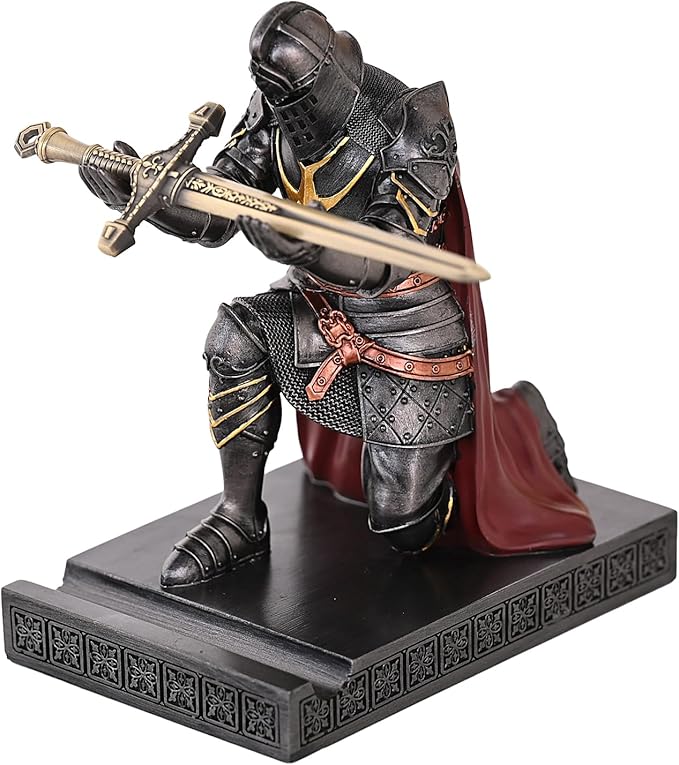 King's Guard Leader Cloak Warrior Knight Pen Holder Mobile Phone Stand, Ornament Knight Statue, Pen Stand Paperweight for Office and Home (Iron)
