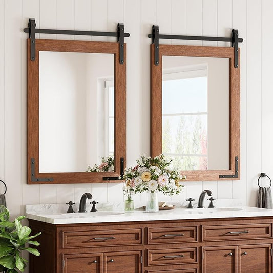 16x24 Inch Brown Farmhouse Barn Door Mirror with Solid Wood Frame, Shatterproof Glass, No Assembly Required – Perfect for Farmhouse Style Decor