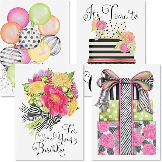 Current Striped Celebration Birthday Cards - Set of 8 (4 designs), Large 5" x 7" Birthday Cards, Sentiments Inside, Envelopes Included