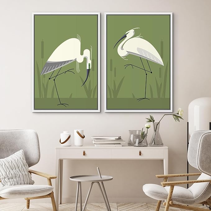 SIGNWIN Framed Canvas Print Wall Art Set Heron Bird Minimalist Egret Illustrations Modern Art Minimal Boho Colorful for Living Room, Bedroom, Office - 16"x24"x2 WHITE