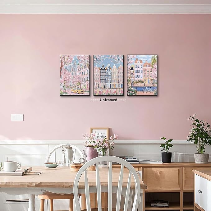 XLARTMY Watercolor City Landscape Travel Wall Art Canvas Framed Pink Cherry Flower Poster Girly Prints Painting Pictures Set of 3 for Bedroom Living Room Office 16x12in Unframed
