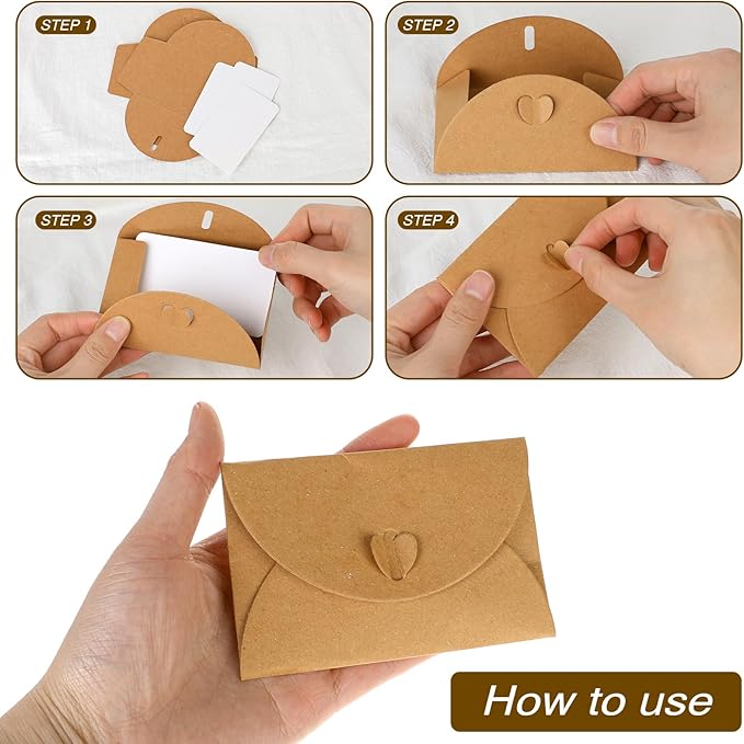 Mini Envelopes with Blank Cards 4.1 x 2.8 inch Kraft Paper Gift Card Holders Cute Tiny Envelopes with Heart Clasp for Gift Cards, Wedding Party Favors, Greeting Cards Mailing, Business Cards