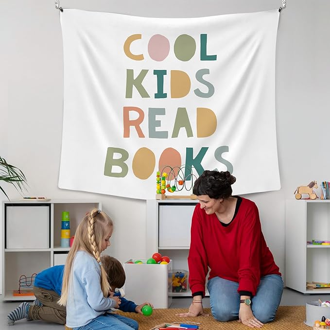 XLDLIOO Boho Classroom Tapestry, Cool Kids Read Books Wall Tapestry, Boho Classroom Decor, Kids Tapestries Decor Art for Reading Room Corner Nook Library, 50x60in