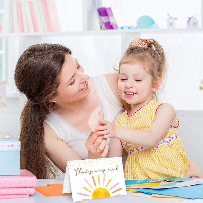 Whaline 30 Packs Baby Shower Thank You Cards Greeting Card Pink Boho Sun Sunshine Blank Note Cards with Envelopes and Stickers for Birthday Holiday Baby Shower, 4 x 6 Inch