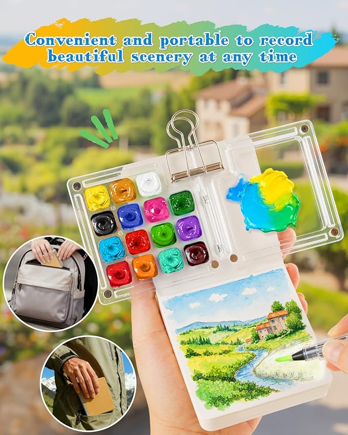 Mini Watercolor Paint Set, Paint Palette Travel Kit, Pocket Watercolor Travel, Pocket Watercolor Set with 24 Colors Paint, Brush, Binder Clips, Sketchbook, collocation watercolor coloring book