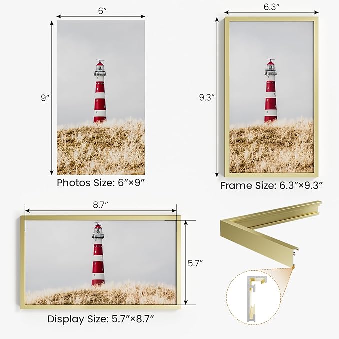 6x9 Aluminum Metal Picture Frame,Tempered Glass Gold Photo Frame 6x9 for Family Photo,Posters,Art,Document to Wall Mount Horizontally or Vertically