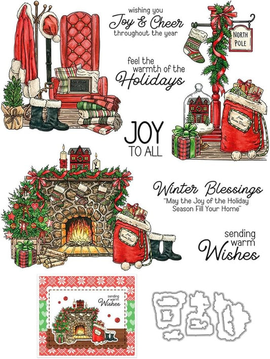 Christmas Tree Sofa Fireplace Stamps and Cutting Dies for Card Making DIY Transparent Silicone Clear Stamp and Metal Die Cuts Sets for Scrapbooking Paper Greeting Cards Decor Seals Craft Supplies