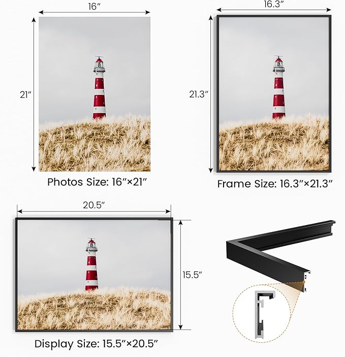 16x21 Aluminum Metal Picture Frame,Tempered Glass Black Photo Frame 16x21 for Family Photo,Posters,Art,Document to Wall Mount Horizontally or Vertically