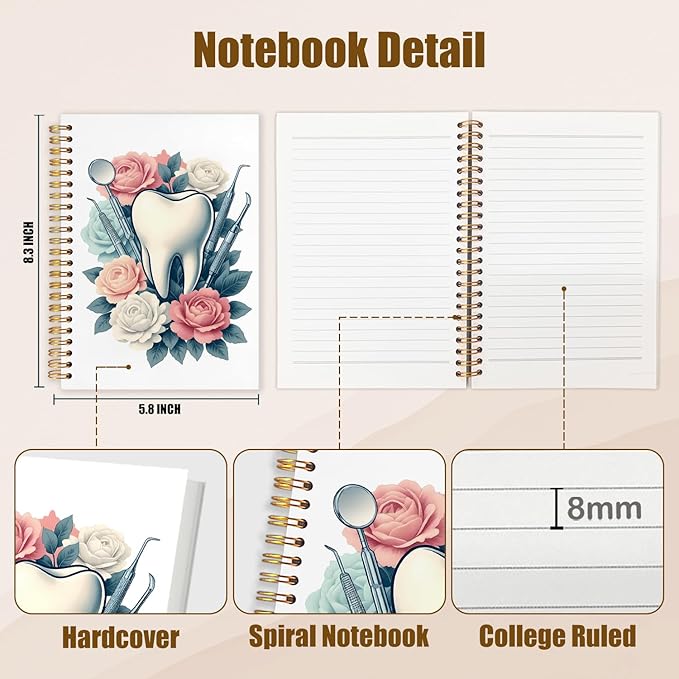 WUCHJ Dentist Gifts Notebook, Dental Hygienist Assistant Gifts Journal, Floral Tooth Spiral Notebook Journal for Note Taking, Dentist Office Supplies, 5.5x8.3 Inch
