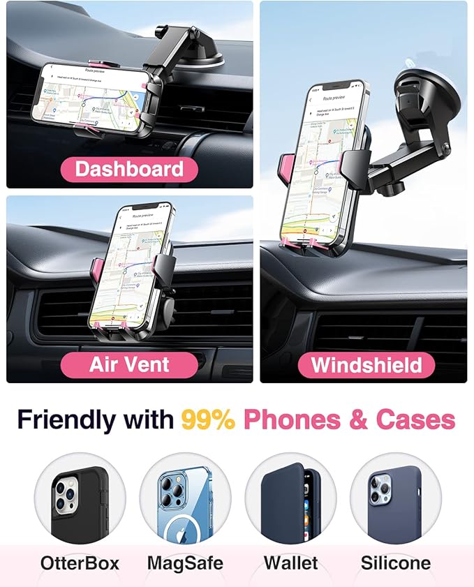 VANMASS 【85+LBS Strongest Suction & Military-Grade 2025 Ultimate Car Phone Mount【Patent & Safety Certs】 Cell Phone Holder Truck for Dashboard Windshield Vent for iPhone 17 Pro Max 16 15 Samsung, Pink