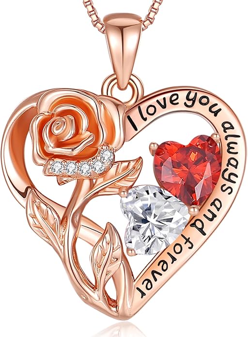 925 Sterling Silver Double Birthstone Rose Flower Heart Jewelry Necklaces for Women Anniversary Love Forever Necklaces for Her Birthday Gifts for Wife Girlfriend Mom Mothers Day Rose Gold