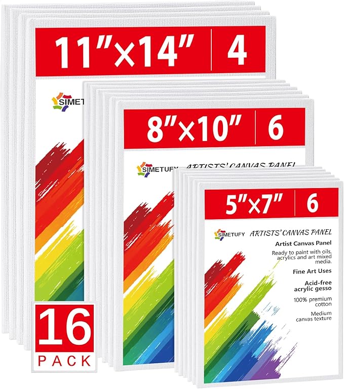 Simetufy 16 Pack Canvas Boards for Painting Multi-Size Canvas Panels Set 5x7, 8x10, 11x14 Inches Pre-Primed 100% Cotton for Oil Acrylic Paint for Kids Beginners
