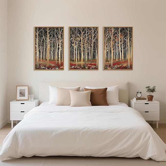 Large Modern Autumn Birch Trees Framed Canvas Wall Art,Boho Aspen Trees Wall Decor,Mid Century Fall Forest Artwork,Natural Midnight Wilderness Art Print for Living Room,Bedroom,Office-24"x36"x3