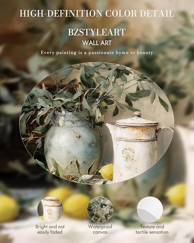 Bzstyleart Vintage Wall Art Decor for Living Room,Gold Framed Canvas Wall Art Home Decor Aesthetic,Lemon Pottery Jar Artwork Prints,Canvas Picture Print Artwork,12 x 16 Inch