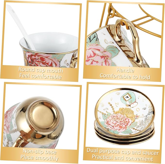 Zhehao 20 Pcs Porcelain Tea Set with Metal Holder and Spoon Adult Ceramic Tea Set European Flower Painting Teapot Cup Saucer Spoon for Women, Large Version(Bright Style)