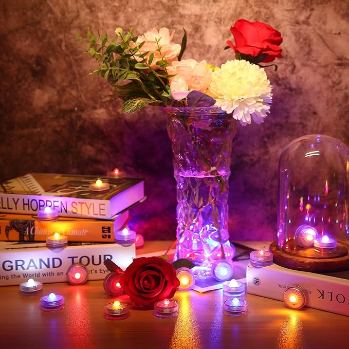 HL Submersible LED Light,RGB Small LED Light,100 Hours Waterproof Flameless Led Lights Battery Powered for Wedding Home Vase Festival Party Decoration 12pcs(Built-in 24 Batteries)