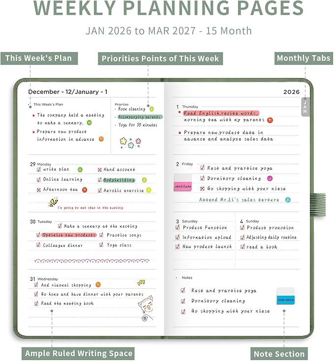 AHGXG Small Pocket Planner 2026-2027, Weekly and Monthly Calendar Planner, 15 Months, JAN 2026 - MAR 2027, Mini Size, Hardcover, Inside Pocket, For Women Men School Home Office Supplies, 3.9''X 6.7'' - Sage Green