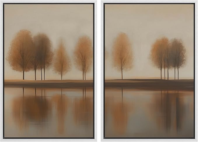 SIGNWIN Framed Canvas Print Wall Art Set Autumn Trees by The Lake Warm Brown Landscape Illustrations Modern Art Scenic Colorful for Living Room, Bedroom, Office - 16"x24"x2 White