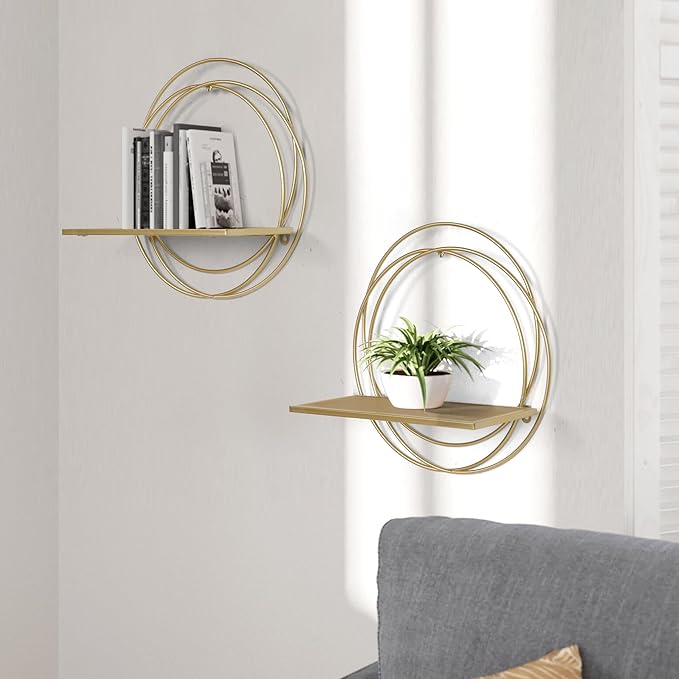 Oakrain 16" Floating Shelves Set of 2, Gold Wall Shelf with Round Metal Frame, Foldable Wooden Hanging Shelves for Storage, Living Room Decor, Bathroom, Kitchen, Bedroom, Office