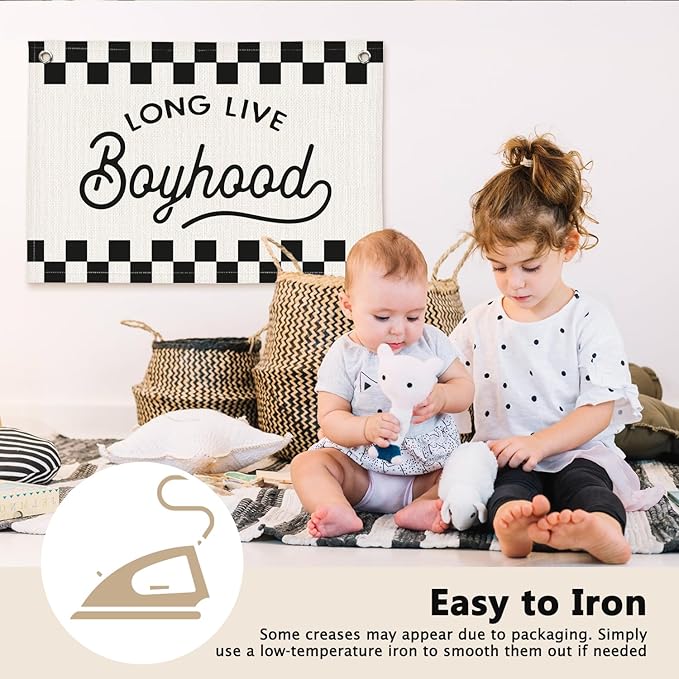 Long Live Boyhood Black and White Checkered Boys Room Decor - Linen Banner Wall Hanging Canvas Banner Flag Decor for Toddler Boy Bedroom Nursery Playroom