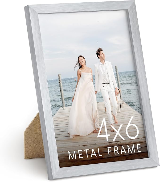 HAUS AND HUES 4x6 Silver Picture Frame - Photo Frame 4x6 - Aluminum Photo Frames for Wall Collage, Vertical Hanging, Easel Back for Tabletop, Home, Office (4x6 in, Silver)