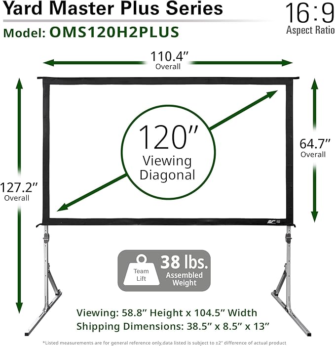 Elite Screens Yard Master Plus, 120-INCH 16:9 Height Setting Adjustable Portable Projector Screen, 4K HD Outdoor Indoor Movie Theater Front Projection, US Based Company 2-YEAR WARRANTY, OMS120H2PLUS