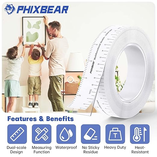 Double Sided Tape Heavy Duty, Heat Resistant and Removable, Clear Mounting Nano Tape with Measurement Guide (Printed Inch/cm Backing) Ideal for Home, Office, and Picture Hanging 1.18" x 9.85'