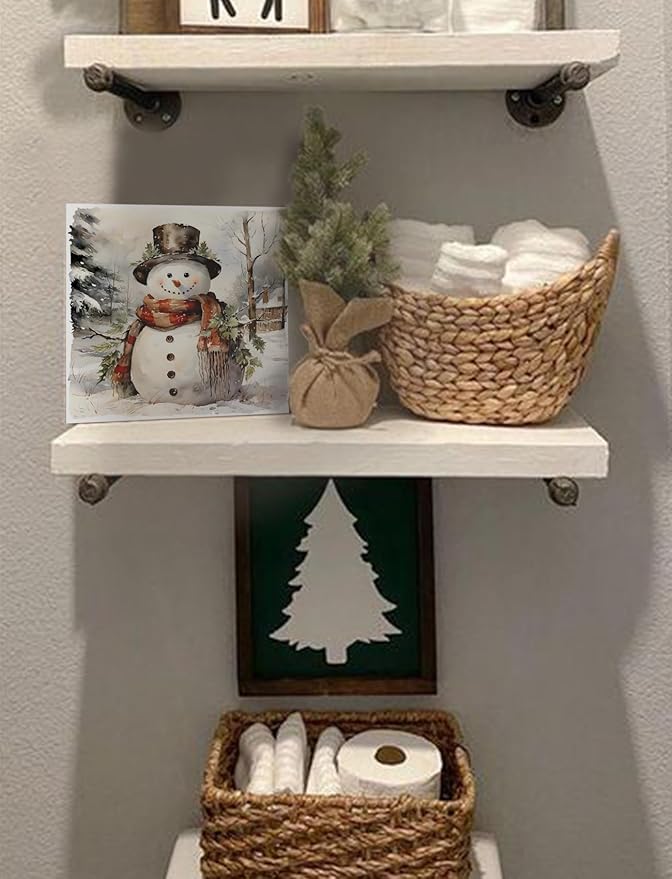 Vintage Snowman Winter Christmas Wooden Box Sign, Snowman Christmas Decorations, Rustic Xmas Winter Snowy Tree Cottage Wood Signs for Home Office Desk Shelf Tabletop Decor, 5x5 Inch Decorative Signage