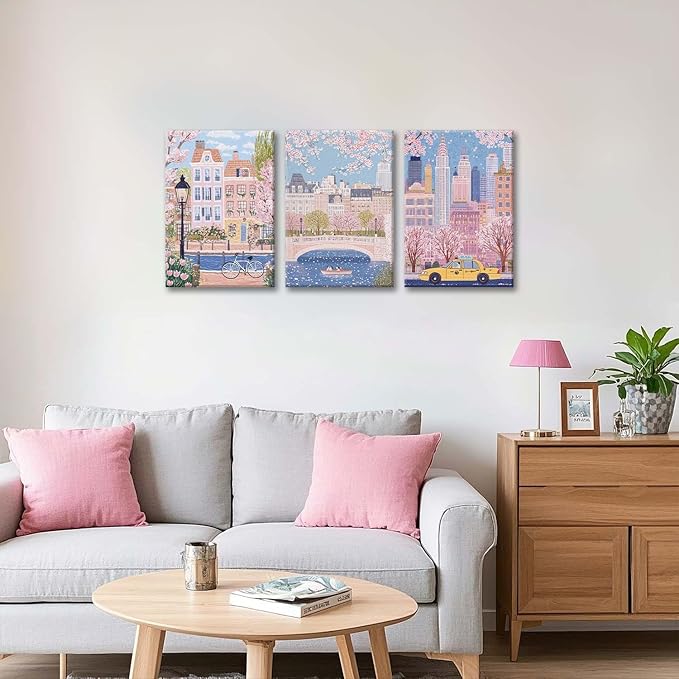XLARTMY Watercolor City Landscape Travel Wall Art Canvas Framed Pink Cherry Flower Poster Girly Prints Painting Pictures Set of 3 for Bedroom Living Room Office 16x24in