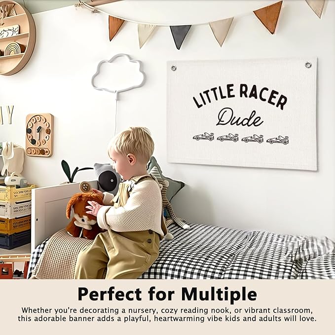 Little Racer Dude Boys Room Decor - Linen Banner Wall Hanging Canvas Banner Flag Decor for Toddler Boy Bedroom Nursery Playroom