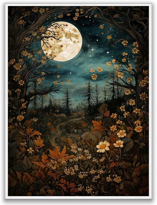 Vintage Moon Posters Painting Art, William Morris Full Moon Above Woodland Print - Morris Exhibition Print,Botanical Art Wall Decor for Bedroom Kitchen Living Room Office 12x16in Unframed poster