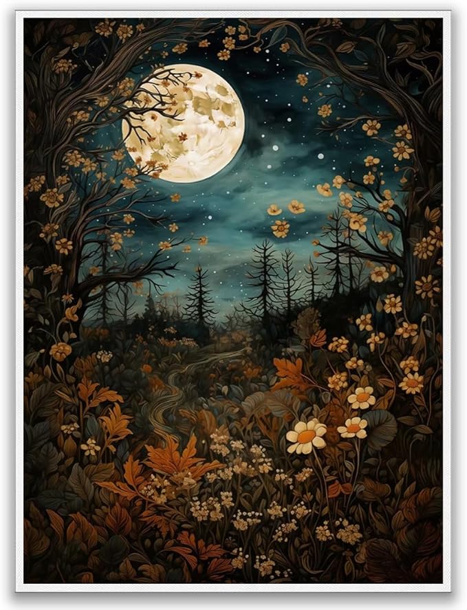 Vintage Moon Posters Painting Art, William Morris Full Moon Above Woodland Print - Morris Exhibition Print,Botanical Art Wall Decor for Bedroom Kitchen Living Room Office 16x24in Unframed poster