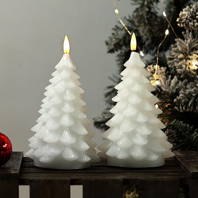 Flameless Candles with Remote Timer, 2 Pack Christmas Tree Candles Battery Operated LED Candles Real Wax Holiday Christmas Decoration for Bedroom Party Festival Gift White