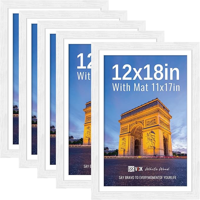 VCK 12x18 Picture Frames White Set of 5, Wide Border Wood, Tempered Glass, Display 11x17 Photo with Mat or 12 x 18 without, for Home, Office, Gallery, Woodgrain Series, Wall Hanging