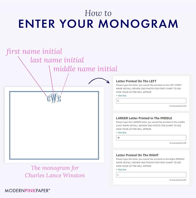 Modern Pink Paper 3 Letter Monogram Stationery Set for Men or Women FLAT NOTE CARDS, Monogrammed Note cards with Envelopes, Monogrammed Stationary Set PROFESSIONAL, Your Choice of Colors and Quantity