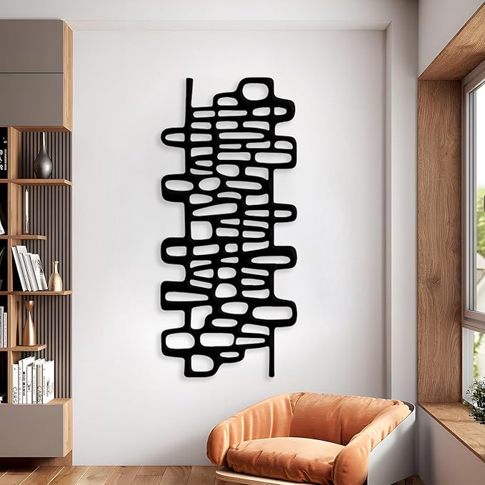 Abstract Geometric Metal Wall Art, Modern Circles Metal Decor, Minimalist Line Art, Long Narrow Sign, Luxury Modern Artwork for Living Room, Farmhouse, Office (White, 41"x19" | 105x48cm)