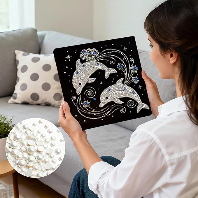 DIY Pearl Painting Kit with Wooden Frame, 3D Plastic Pearl Gemstone Ocean Art Craft for Adults Beginners, Diamond Art Kits for Adults, Home Wall Decor Ready Gift for Women(Dolphins)(30 * 30cm)