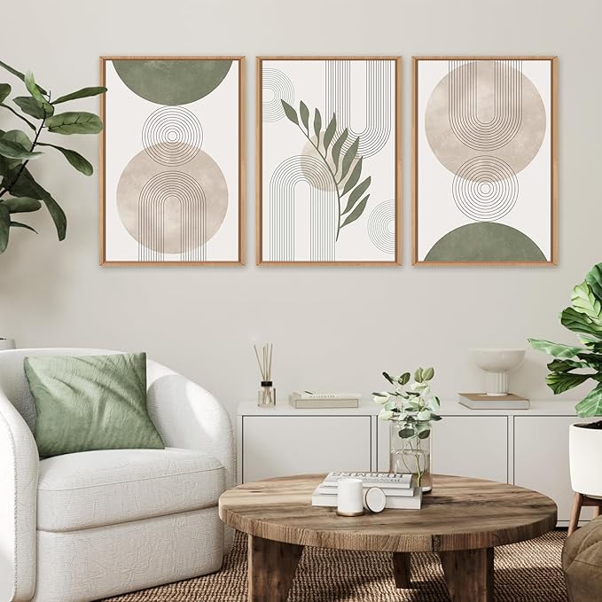 HPINUB Sage Green Boho Framed Canvas Wall Art Set, Minimalist Beige Green Botanical Wall Decor, Abstract Geometric Line Leaf Canvas Painting for Living Room, Bedroom, Dining Room, Office Decor-24"x36"x3