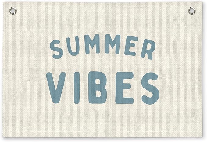 Coastal Beach Summer Vibes Kids Room Decor - Linen Banner Wall Hanging Canvas Banner Flag Decor for Kids Toddler Bedroom Nursery Playroom