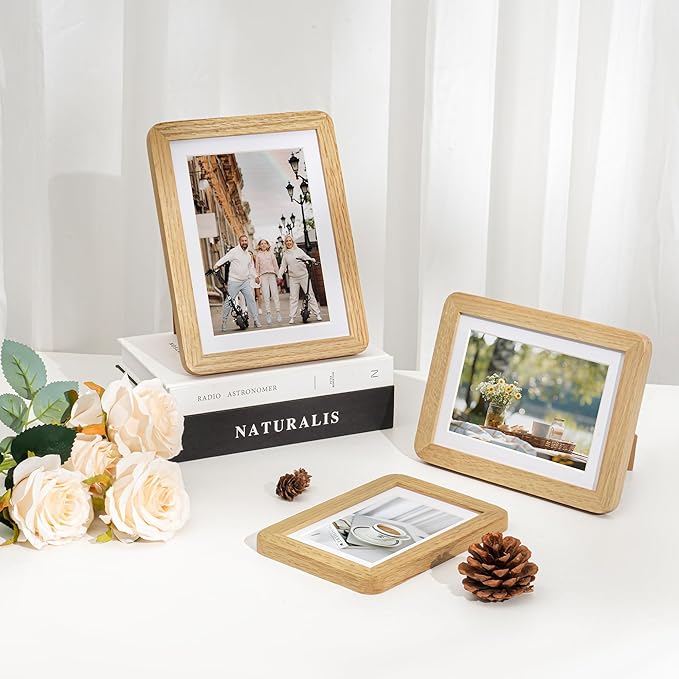 Dreamland 6x8 Picture Frame Set of 3, Solid Oak Wood Photo Frame with Mat for 5x7, Round Corner 6 x 8 Matted Picture Frames with Resistant Plexiglass for Wall Mounting or Tabletop, Oak Color