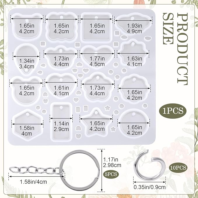 Keychain Silicone Molds for Resin, 16 Cavities Geometric Pendant Mold with 10pcs Jump Rings and 5pcs Chains, Heart Star Shape Mold for DIY Art Crafts, Key Chains, Jewelry Making