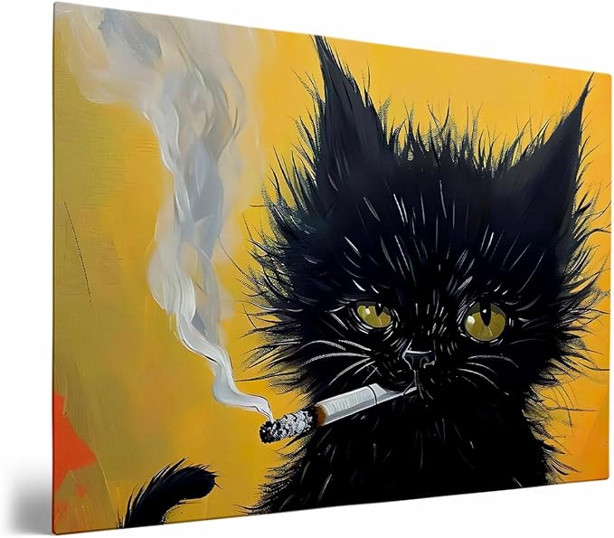 Black Cat Painting, Cat Smoking A Cigarette, Cat Wall Art, Black Long Hair Cat Print,Cat Print, Cat Portrait, Unique Gift, Black Kitten Painting,Cat Lover Room Decor, Cat House Decor24x36 Framed