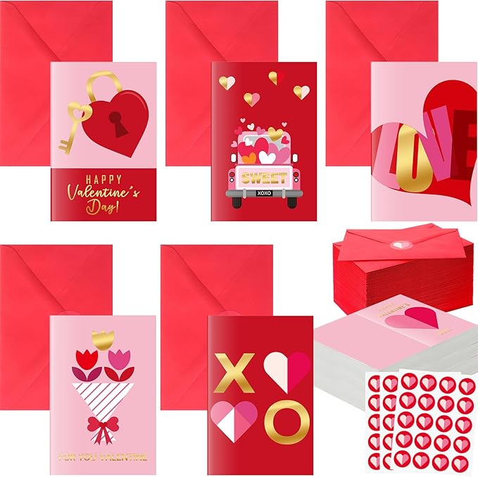 100 Pcs Valentine's Day Greeting Cards Gold Foil with Red Envelopes and Stickers 5 Designs Assortment 5.9 x 3.9 Inches Blank Inside for Valentine's Day Wedding Anniversary