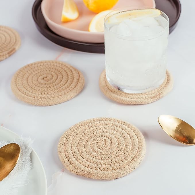 OrganiHaus Drink Coasters Set of 6, Absorbent Cotton Woven Cup Coasters, Rustic Farmhouse Boho Decor for Coffee Table and Drinks Protection, Cute Coaster for Drinks, Coaster for Office Desk - Honey