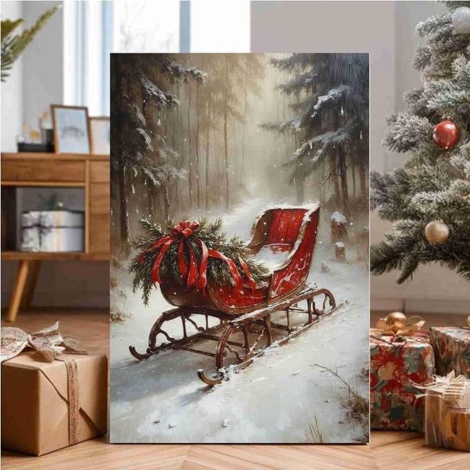 Vintage Christmas Canvas Wall Art Holiday Ride Painting Snowy Woodland Print Classic Sleigh Wall Decor Rustic Landscape Poster Indoor Decor for Offices Living Room Bedroom farmhouse Winter Holiday