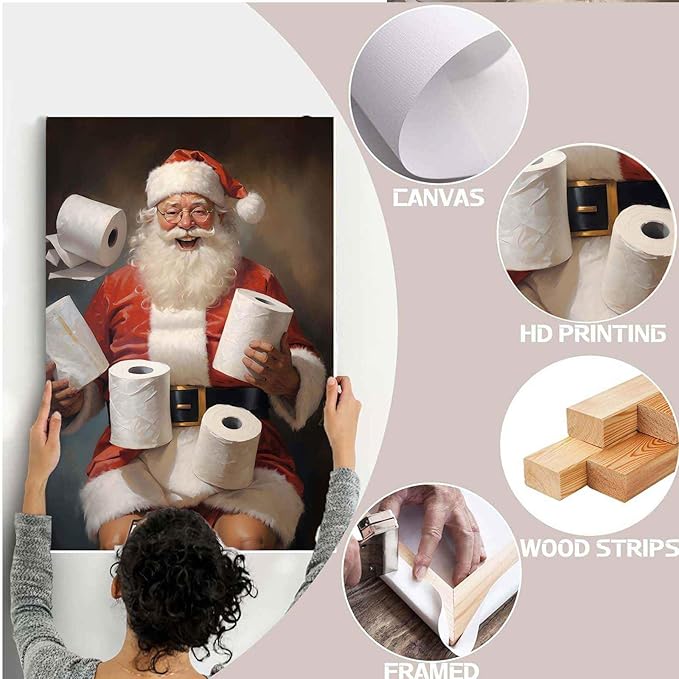 Framed Canvas Santa Bathroom Wall Art Toilet Humor Decor Vintage Christmas Holiday Wall Art Restroom Amusing Gift Santa Toilet Rolls Funny Poster 20x30in Wood Framed