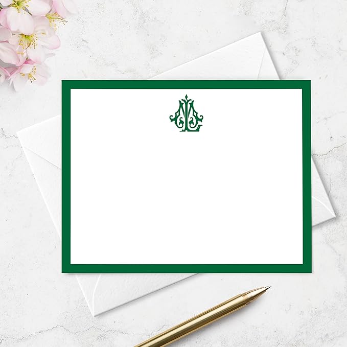Chic Interlocking 2 Letter Monogram Note Card and Envelope Stationery Set, Classic Monogrammed Personalized Stationary in Choice of Set Size and Colors (Monogram with Solid Color Border)