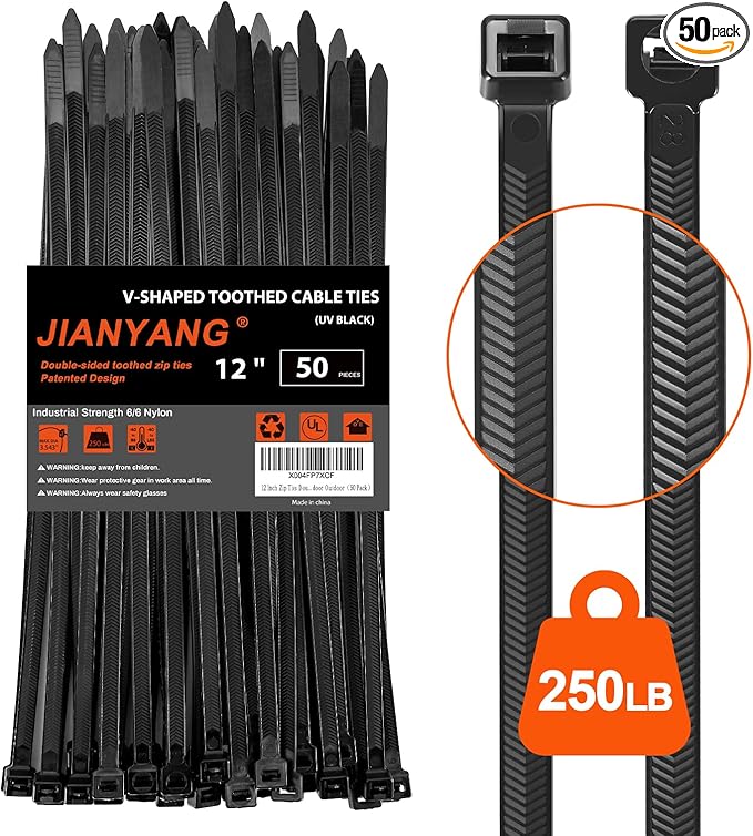 12 Inch V-Shaped Zip Ties Double Sided Toothed,250 LBS Tensile Strength Heavy Duty Cable Wire Ties With Self-Locking Adjustable More Durable Nylon Tie Wraps for Indoor Outdoor（50 Pack）