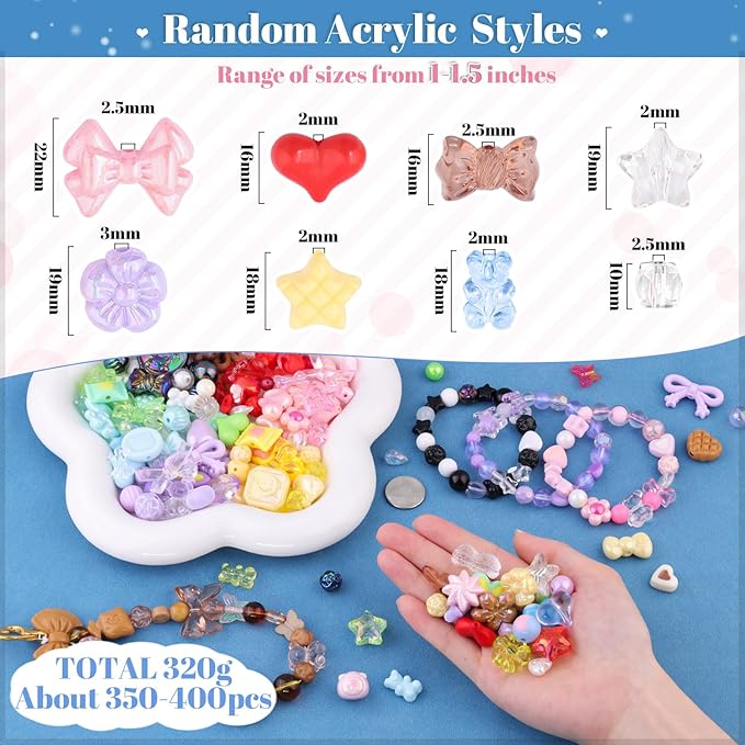 500-550PCS TINKRSTUFF Assorted Acrylic Beads, 8 Colors Mixed Cute Beads for Bracelet Making, Bow Aesthetic GummyBear Flower Butterfly Kawaii Charms for Jewelry Making DIY Necklace Keychain Phone Charm
