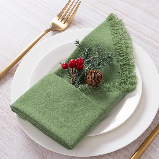 12 Pack Sage Green Cotton Linen Napkins with Fringe Spring Cloth Napkins Set of 12 Boho Handmade Dinner Napkins Bulk for Wedding Bridal Baby Shower Valentine's Day, 17 x 17 Inches